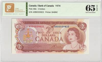 PThappally收藏第56次拍卖，英联邦地区硬币纸币 - 加拿大银行 1974 年 2 元 Pick 86b