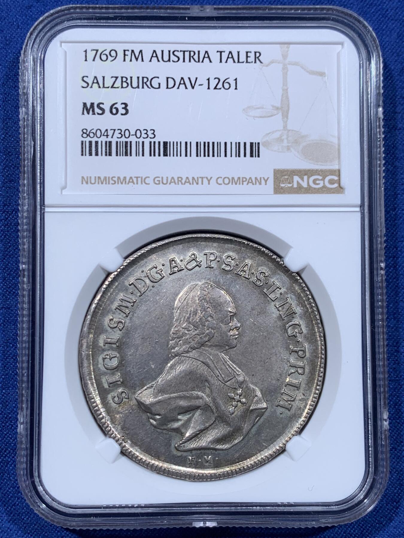 《竞宝斋》第477场 周日，周一 2场连拍 （全场包邮）欢迎送拍 唯一冠军分 NGC MS63 奥地利帝国 1769年 萨尔茨堡大主教区 施拉滕巴赫泰勒大银币 少见的小人像版本 也是唯一的MS级