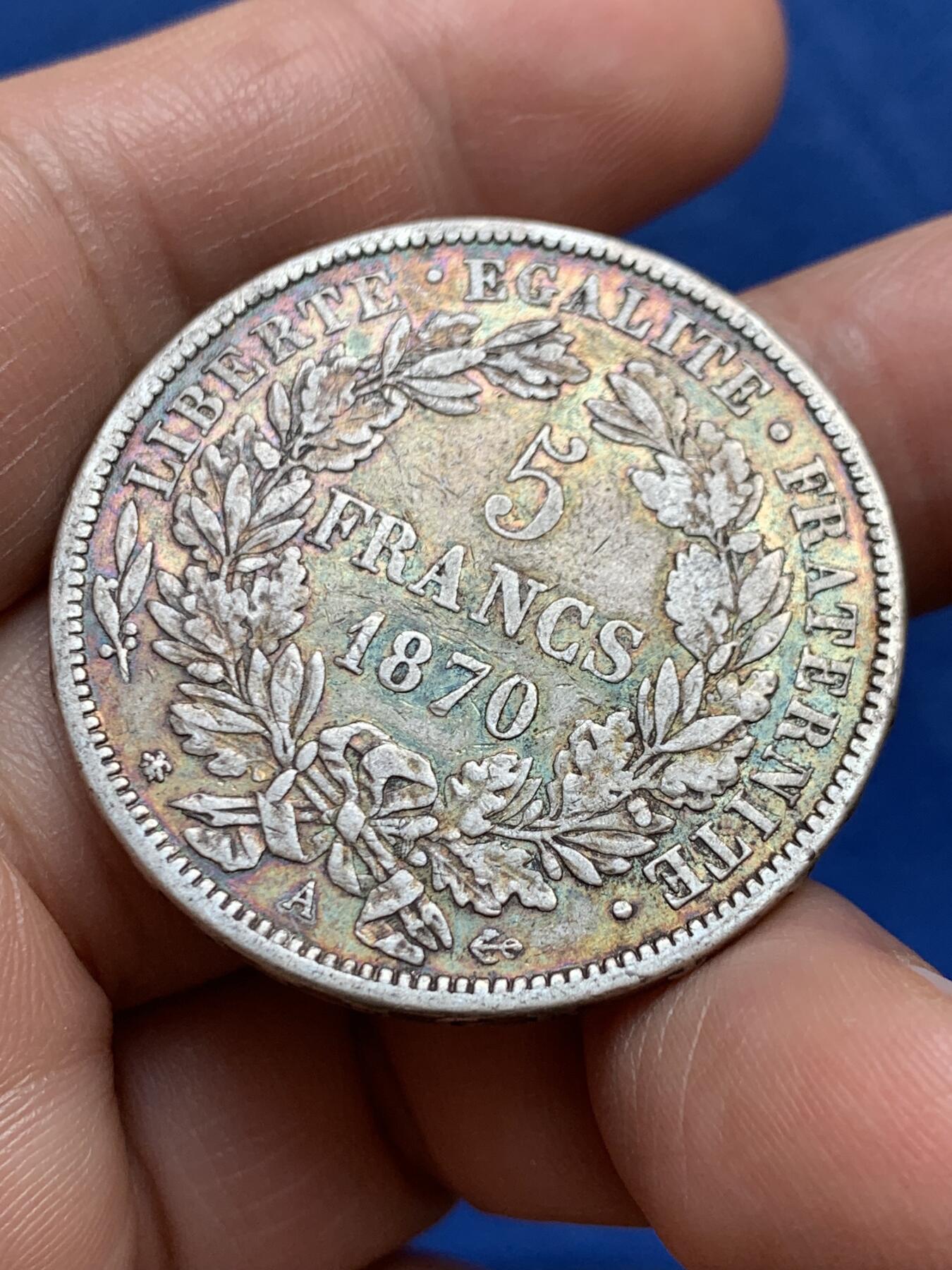 《竞宝斋》第477场 周日，周一 2场连拍 （全场包邮）欢迎送拍 法国1870年A版谷物女神5法郎银币