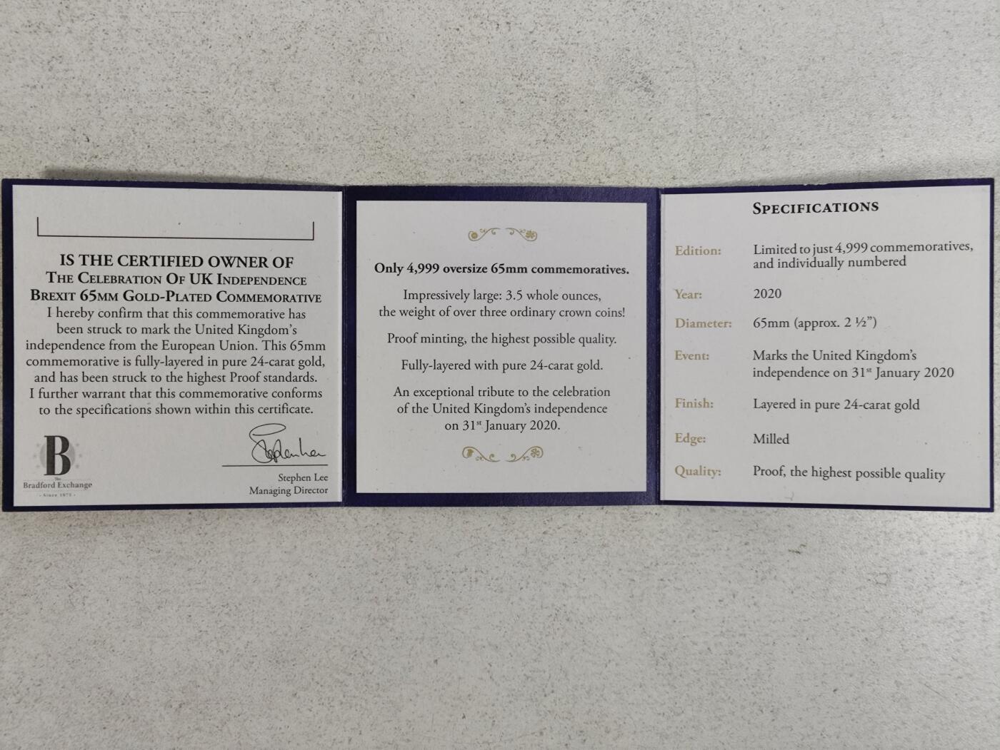 2020年1月31日英国脱离欧盟独立24K镀金精制纪念章