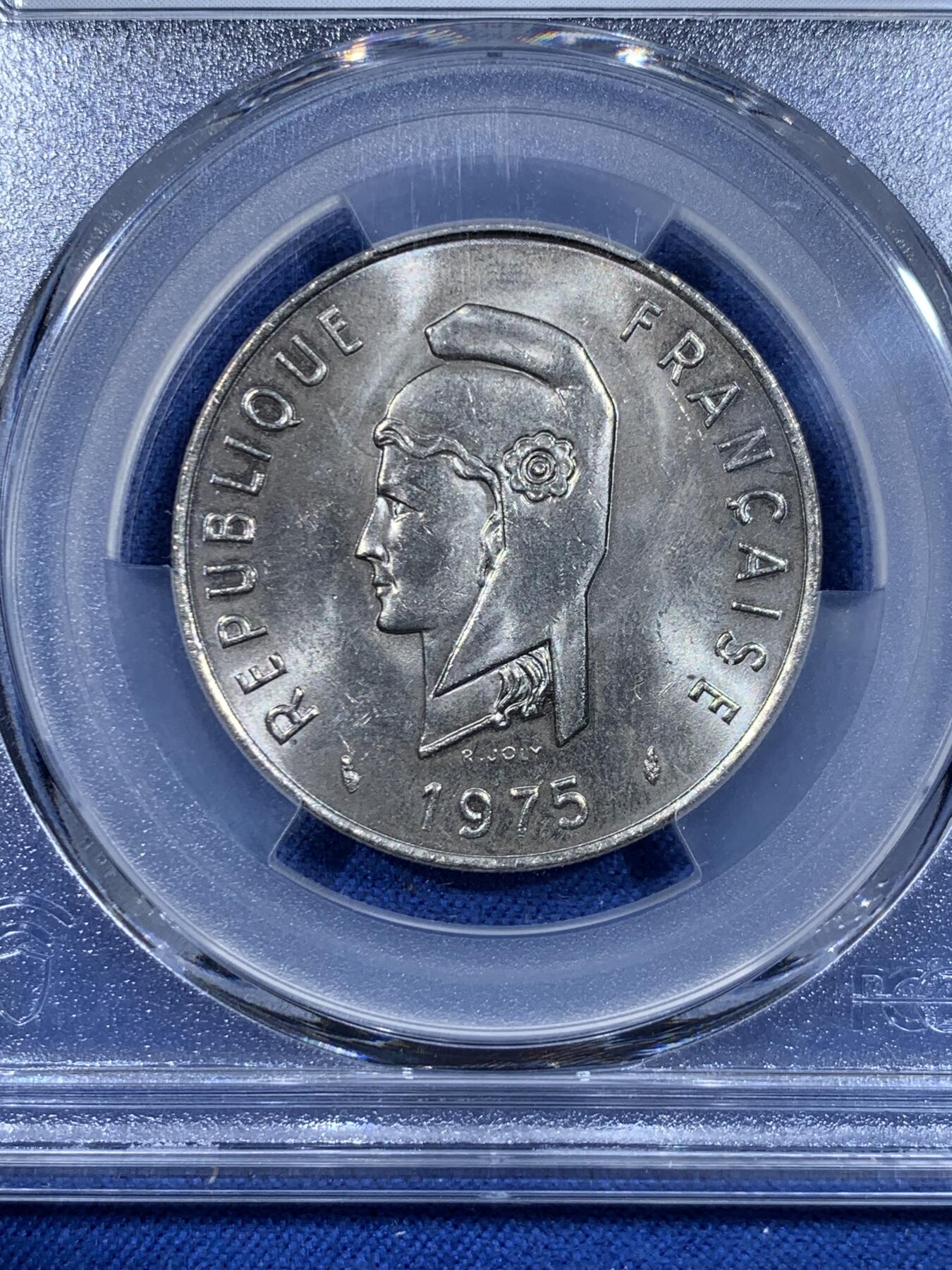 《竞宝斋》第477场 周日，周一 2场连拍 （全场包邮）欢迎送拍 PCGS MS65 法属阿法尔和伊萨1975年100法郎镍币 法属殖民地钱币，流通品种高分难得，亚军分，更高分仅3枚