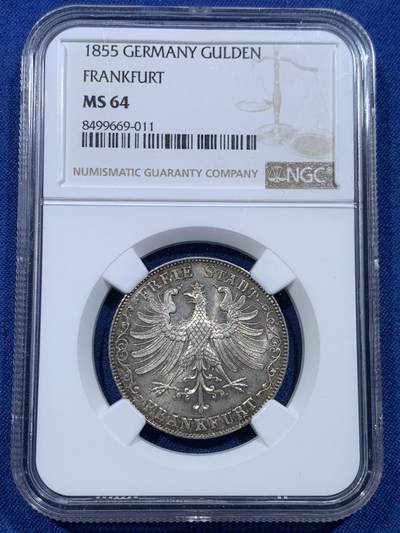 《竞宝斋》第478场 周日，周一 2场连拍 （全场包邮）欢迎送拍 - NGC MS64 德国 1855 法兰克福 帝国鹰 古尔登 银币 德意志帝国早期南德自由市货币，少见品种，超高分，底板极美，适合收藏