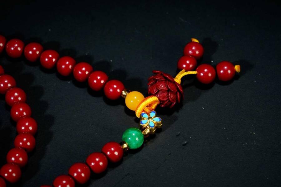 上海都达杂项专场六十八【全场包邮】 天然朱砂0.6圆珠多圈莲花吊坠手串95-258