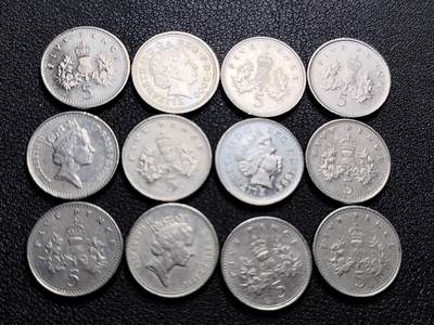 泉币菌-第221场-拍品多 请提前出价 - 高币值12枚一组 英国5便士小版 混合年份