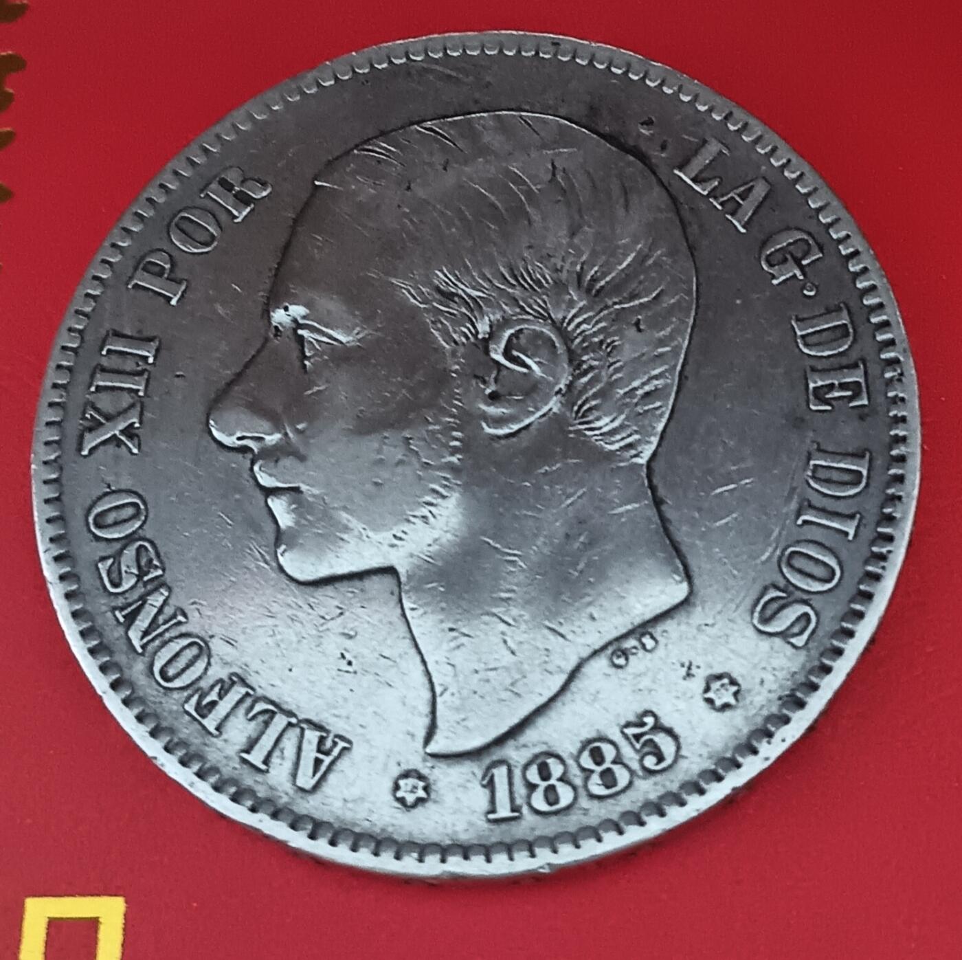 Lot.5-1885年西班牙阿方索十二世5比塞塔双柱银币24.78克