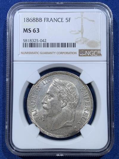 《竞宝斋》第478场 周日，周一 2场连拍 （全场包邮）欢迎送拍 - NGC MS63 法国1868年BB厂拿破仑三世5法郎大银币 高分难得