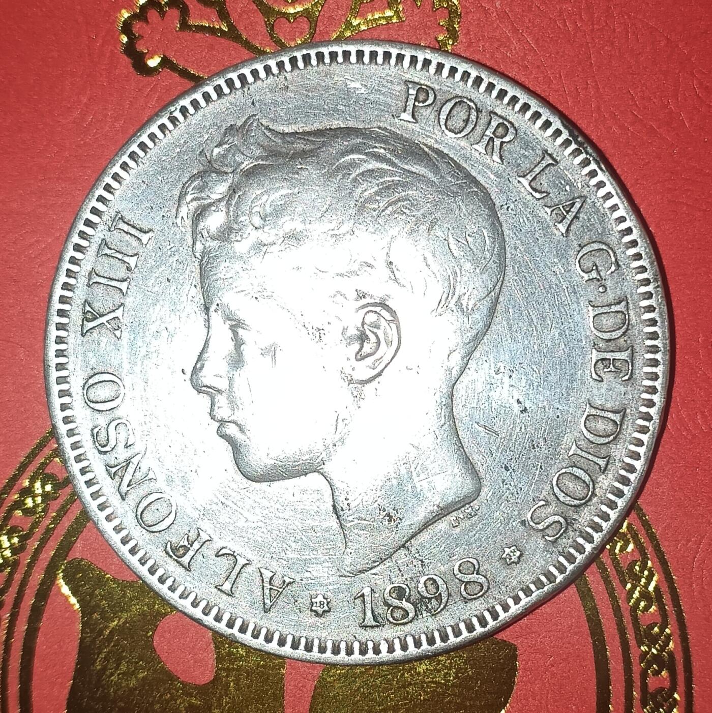 Lot.4-1898年西班牙阿方索十三世5比塞塔双柱银币25克