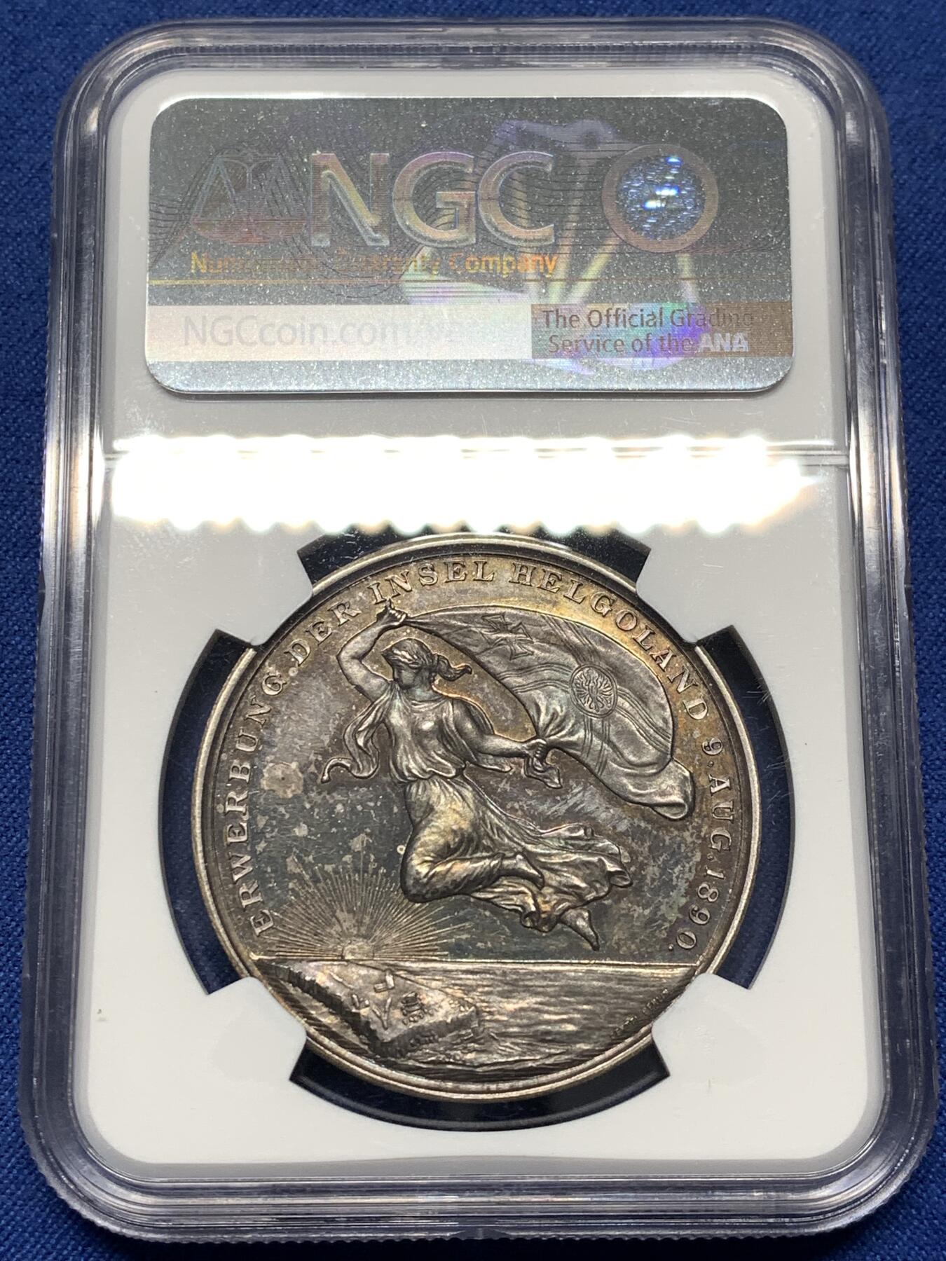 《竞宝斋》第478场 周日，周一 2场连拍 （全场包邮）欢迎送拍 NGC MS62 德国1890赫尔戈兰群岛纳入帝国版图纪念大银章 罕见品种 火烧云五彩镜面喷砂质感 38MM