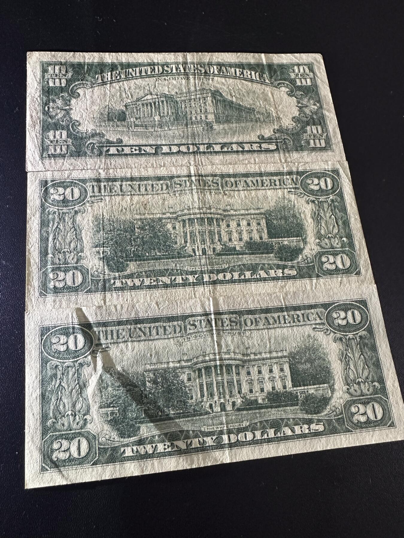 《外钞收藏家》第六百二十四期（精品场）（长期征集拍品、欢迎藏友们联系合作） 美国小头版10和20美元 3张一起 非全新 品相如图