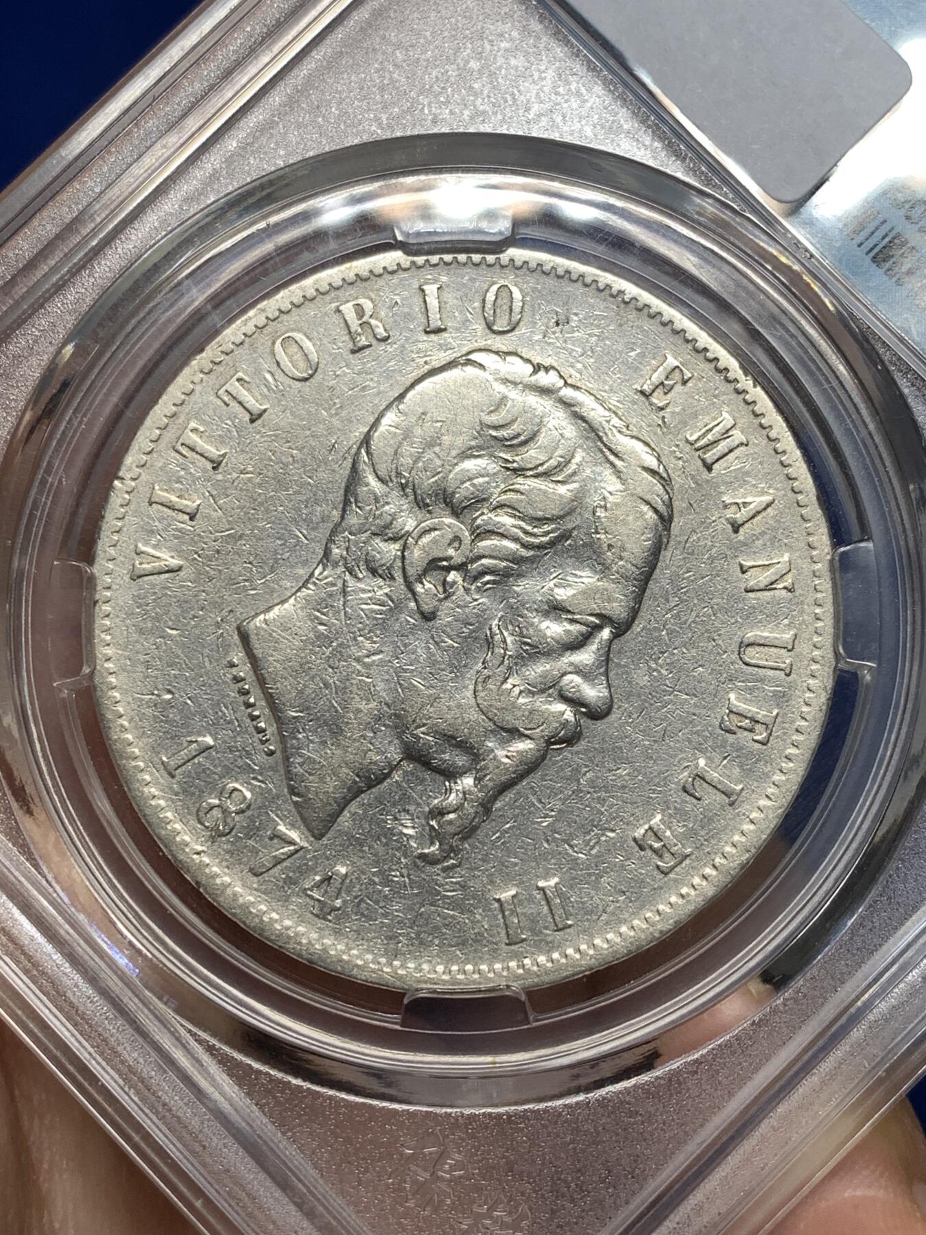 《竞宝斋》第478场 周日，周一 2场连拍 （全场包邮）欢迎送拍 意大利银币 1874年 5里拉