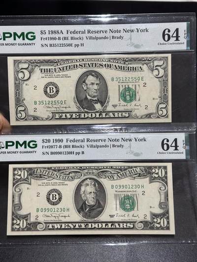 《外钞收藏家》第六百二十四期（精品场）（长期征集拍品、欢迎藏友们联系合作） - 美国小头版1988年5美元+1990年20美元 2张一起 PMG64E 无47