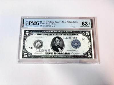 【Blue Auction】世界纸币精拍第806期——18级TOP拍卖/信誉/品质/专业/高效💫 - 美国 1914年5美金 纽约版 大票幅 正面林肯 背面征服者登陆大场景雕刻精美 PMG63EPQ