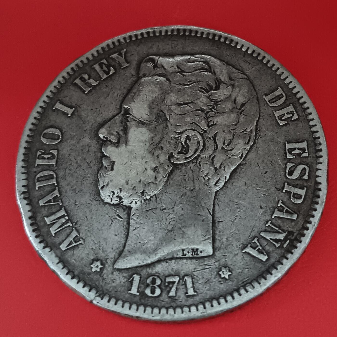 Lot.10-1871年西班牙阿玛迪奥一世5比塞塔双柱银币24.99克