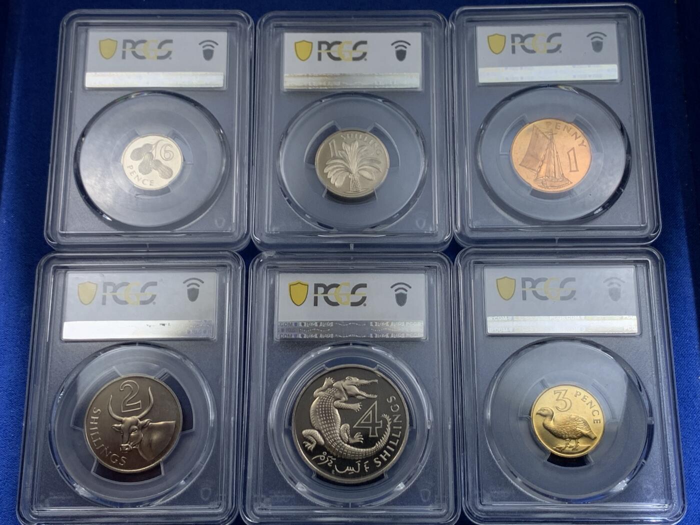 《竞宝斋》第478场 周日，周一 2场连拍 （全场包邮）欢迎送拍 PCGS PR63-PR65 英属冈比亚1966年伊丽莎白女王版精制套币6枚，送PCGS收纳盒1个