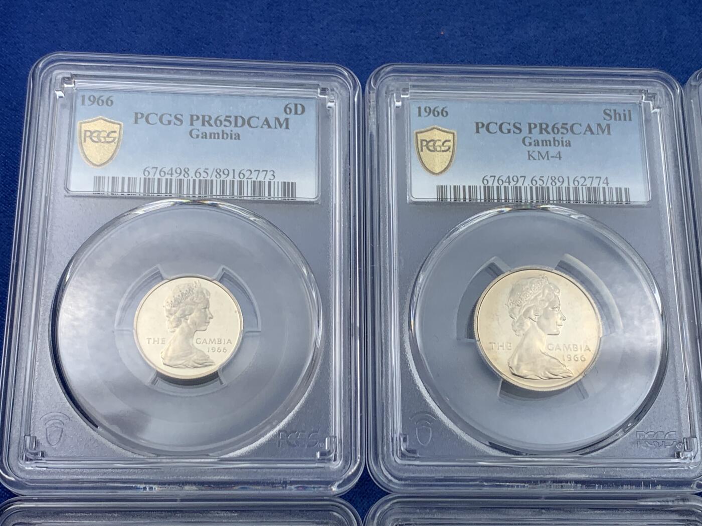 《竞宝斋》第478场 周日，周一 2场连拍 （全场包邮）欢迎送拍 PCGS PR63-PR65 英属冈比亚1966年伊丽莎白女王版精制套币6枚，送PCGS收纳盒1个