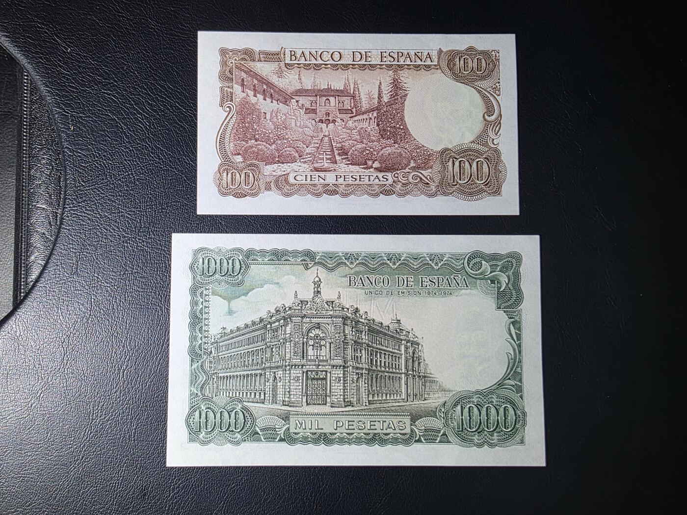叁拾收藏第35期 西班牙1971年1000+1970年100比塞塔一对（精美大方块系列纸币）  UNC