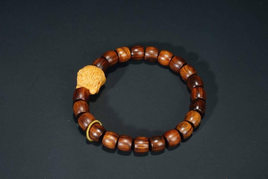 上海都达杂项专场六十八【全场包邮】 海南黄花梨虎皮纹桶珠醒狮手串 附鉴定证书95-291