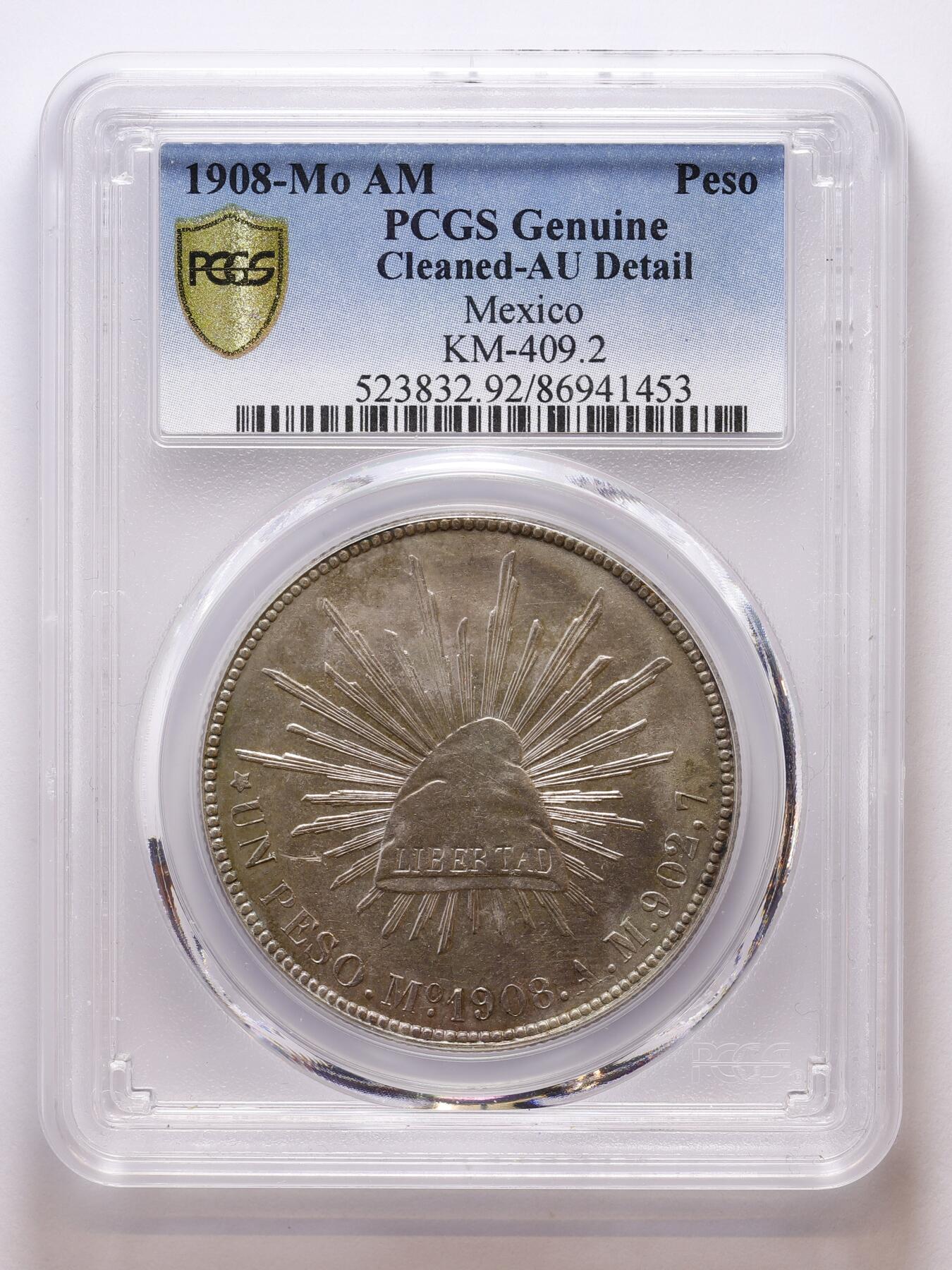 观钱 近现代机制币拍卖No.007（全场顺丰包邮，不区分偏远地区）  1908 年墨西哥莫版 1 比索银币（PCGS AU Details Cleaned）