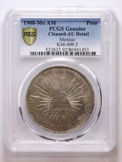 观钱 近现代机制币拍卖No.007（全场顺丰包邮，不区分偏远地区）  - 1908 年墨西哥莫版 1 比索银币（PCGS AU Details Cleaned）