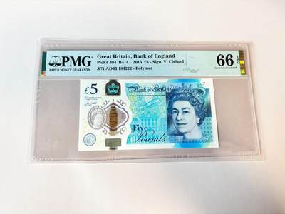 【Blue Auction】世界纸币精拍第806期——18级TOP拍卖/信誉/品质/专业/高效💫 - 【222豹子号】英国 2015年5镑 PMG66EPQ 