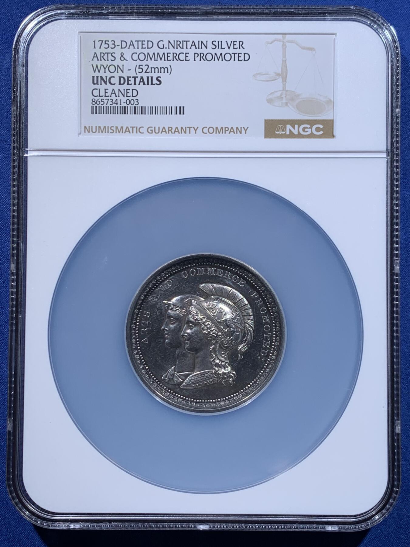 《竞宝斋》第478场 周日，周一 2场连拍 （全场包邮）欢迎送拍 NGC UNCD 名家W.Wyon作英国皇家艺术学会（成立于1753年）纪念大银章 正面为密涅瓦与墨丘利合像左侧头像  重73.2g