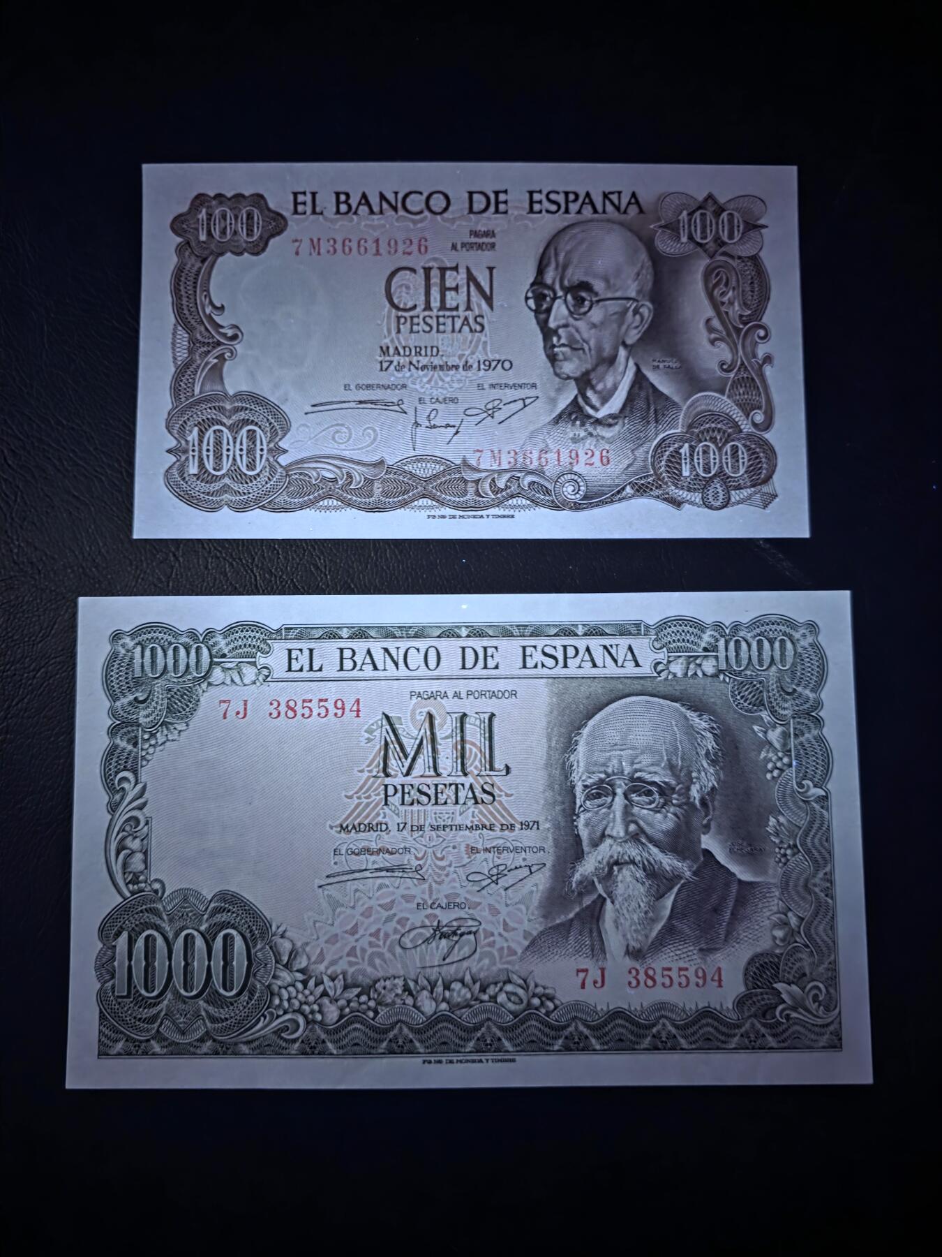叁拾收藏第35期 西班牙1971年1000+1970年100比塞塔一对（精美大方块系列纸币）  UNC