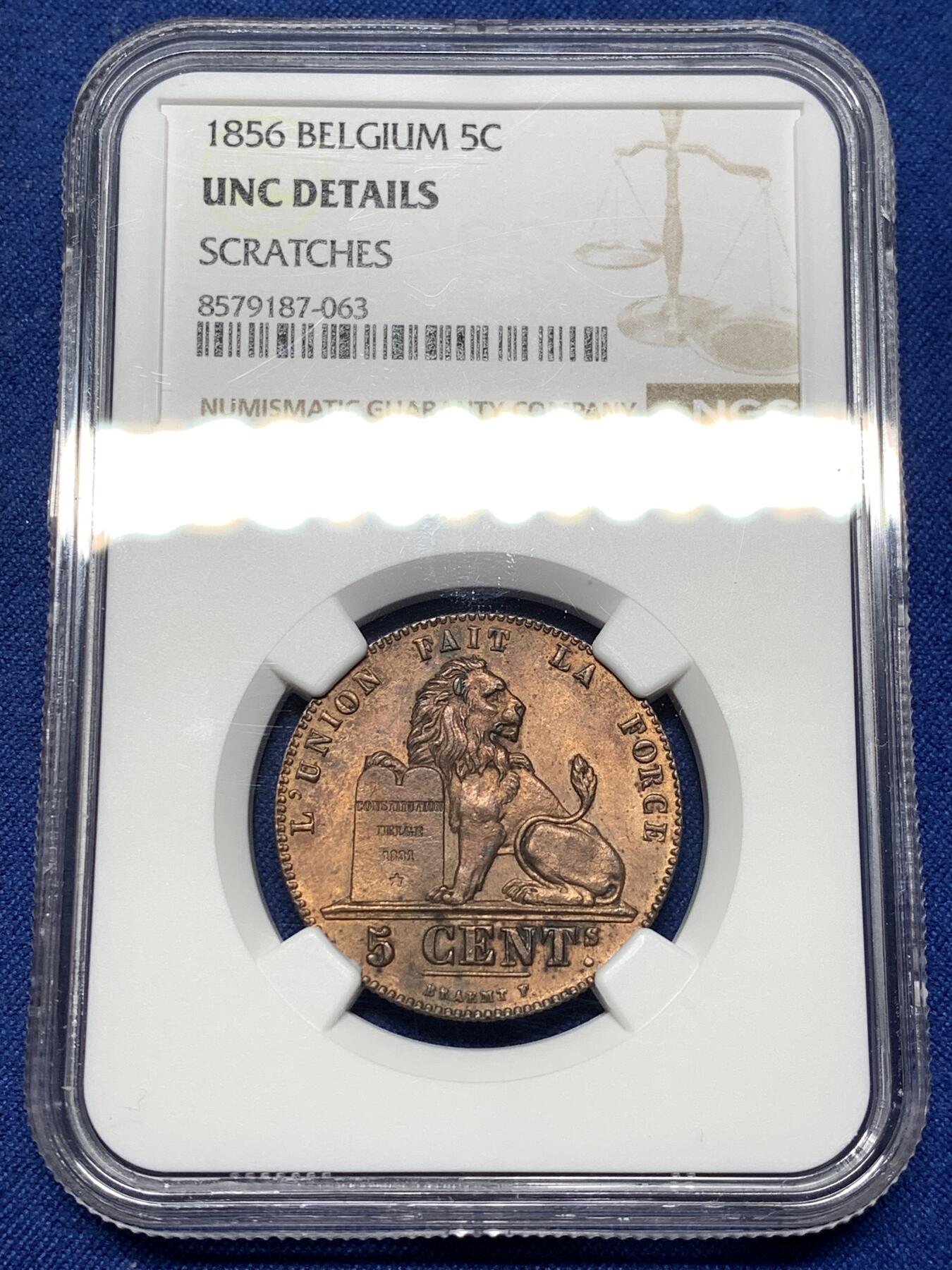 《竞宝斋》第478场 周日，周一 2场连拍 （全场包邮）欢迎送拍 NGC UNCD 比利时1856年五分铜币，铜光饱满，状态漂亮，比利时早期的大铜币十分难得