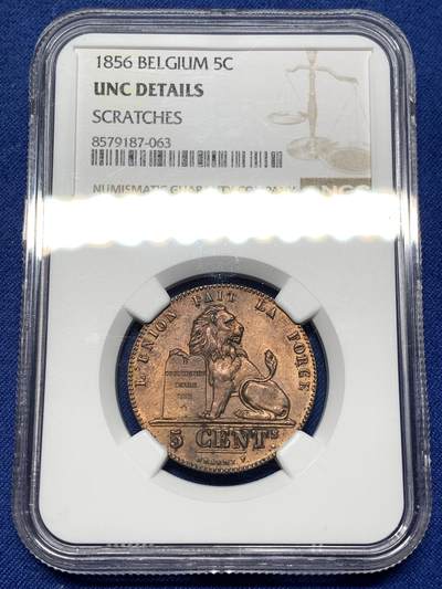 《竞宝斋》第478场 周日，周一 2场连拍 （全场包邮）欢迎送拍 - NGC UNCD 比利时1856年五分铜币，铜光饱满，状态漂亮，比利时早期的大铜币十分难得