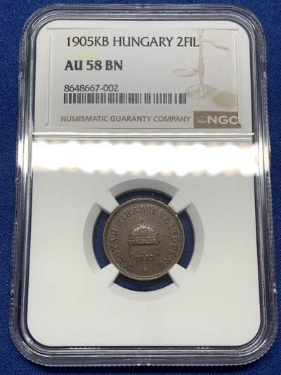 《竞宝斋》第478场 周日，周一 2场连拍 （全场包邮）欢迎送拍 - NGC AU58BN 匈牙利 1905年 2菲勒 铜币