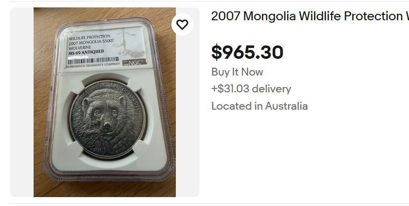 第196期拍卖 获奖蒙古2007年仿古动物狼獾镶水晶银币NGC-MS69带证书，999银，发行2500枚。国际售价965美金