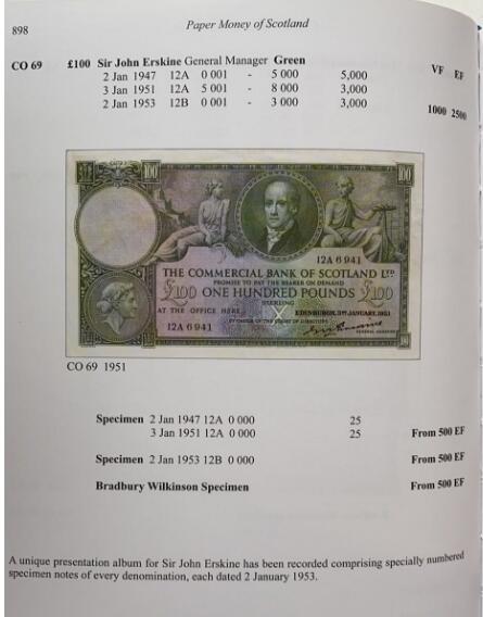 【Blue Auction】世界纸币精拍第806期——18级TOP拍卖/信誉/品质/专业/高效💫   【冠军分 仅2张 pS335 大珍】苏格兰商业银行1951年100镑 PMG58EPQ 原票 背面大场景 BWC雕刻精美 该日期仅发行3000张 当时为了适应苏格兰当地银行的柜台大小，员工往往会在新钞发行前折一到两次放入抽屉，所以PMG58E已是该版纸币事实意义上的全新品，极为难得（这么多年过去还是只有2张58E的最高分）
