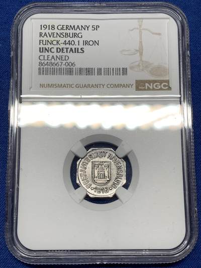 《竞宝斋》第478场 周日，周一 2场连拍 （全场包邮）欢迎送拍 - NGC UNCD 德国 1918年 德紧拉文斯堡5芬尼 铁币