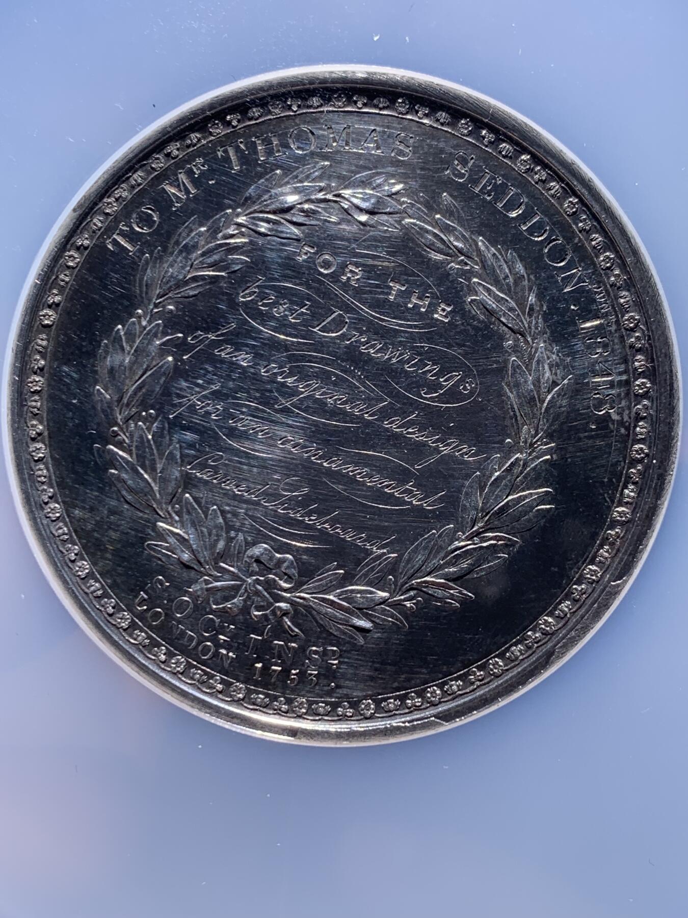 《竞宝斋》第478场 周日，周一 2场连拍 （全场包邮）欢迎送拍 NGC UNCD 名家W.Wyon作英国皇家艺术学会（成立于1753年）纪念大银章 正面为密涅瓦与墨丘利合像左侧头像  重73.2g