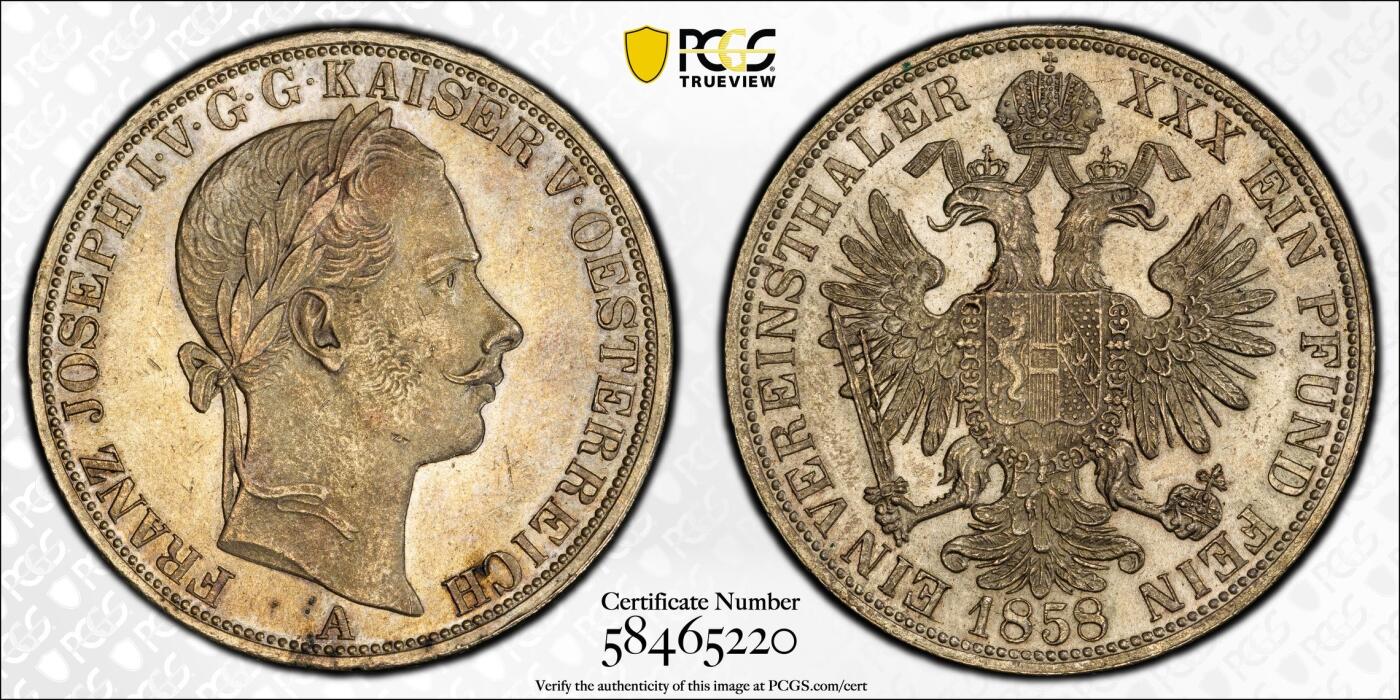 万国钱币拍卖第064期 PCGS MS63 1858年奥地利弗朗茨一世双头鹰流通1泰勒 维也纳货币协议的产物 与德国联合泰勒形制相同 车轮转光欧陆原味淡彩环绕极美收藏品质