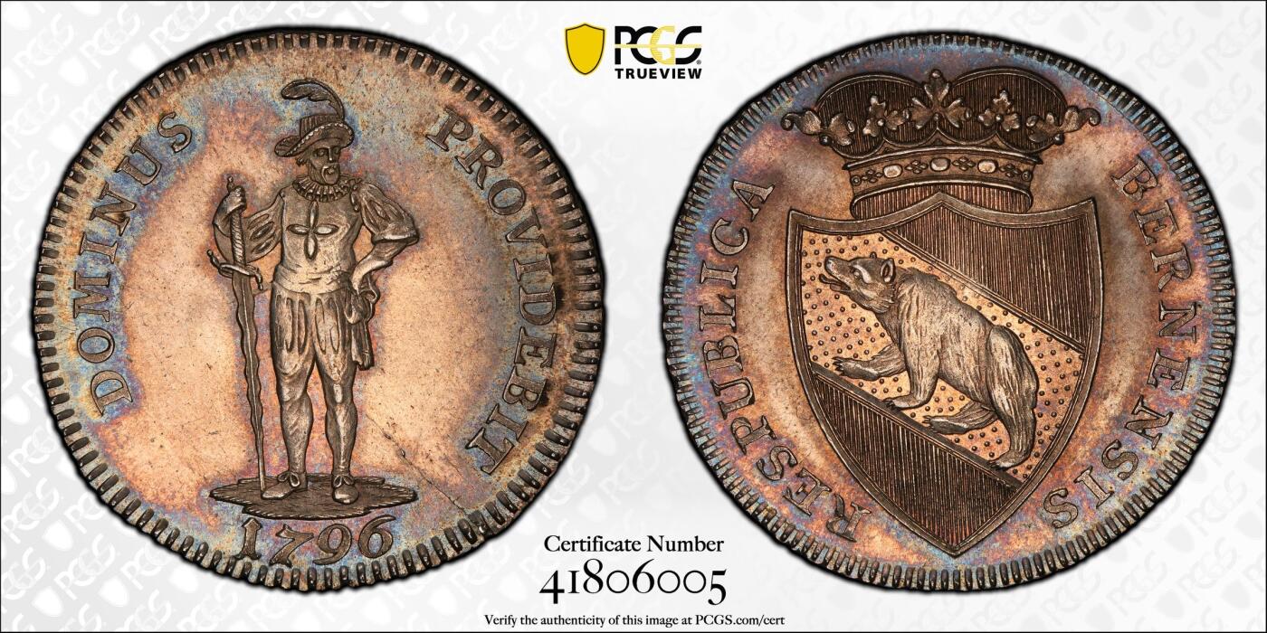 万国钱币拍卖第064期 PCGS MS64+ 1796年瑞士伯尔尼雇佣兵半泰勒 经典伯尔尼熊仔 原味欧陆渐进式晚霞彩包浆 顶级打制收藏级 PC唯一亚军分更高仅一枚
