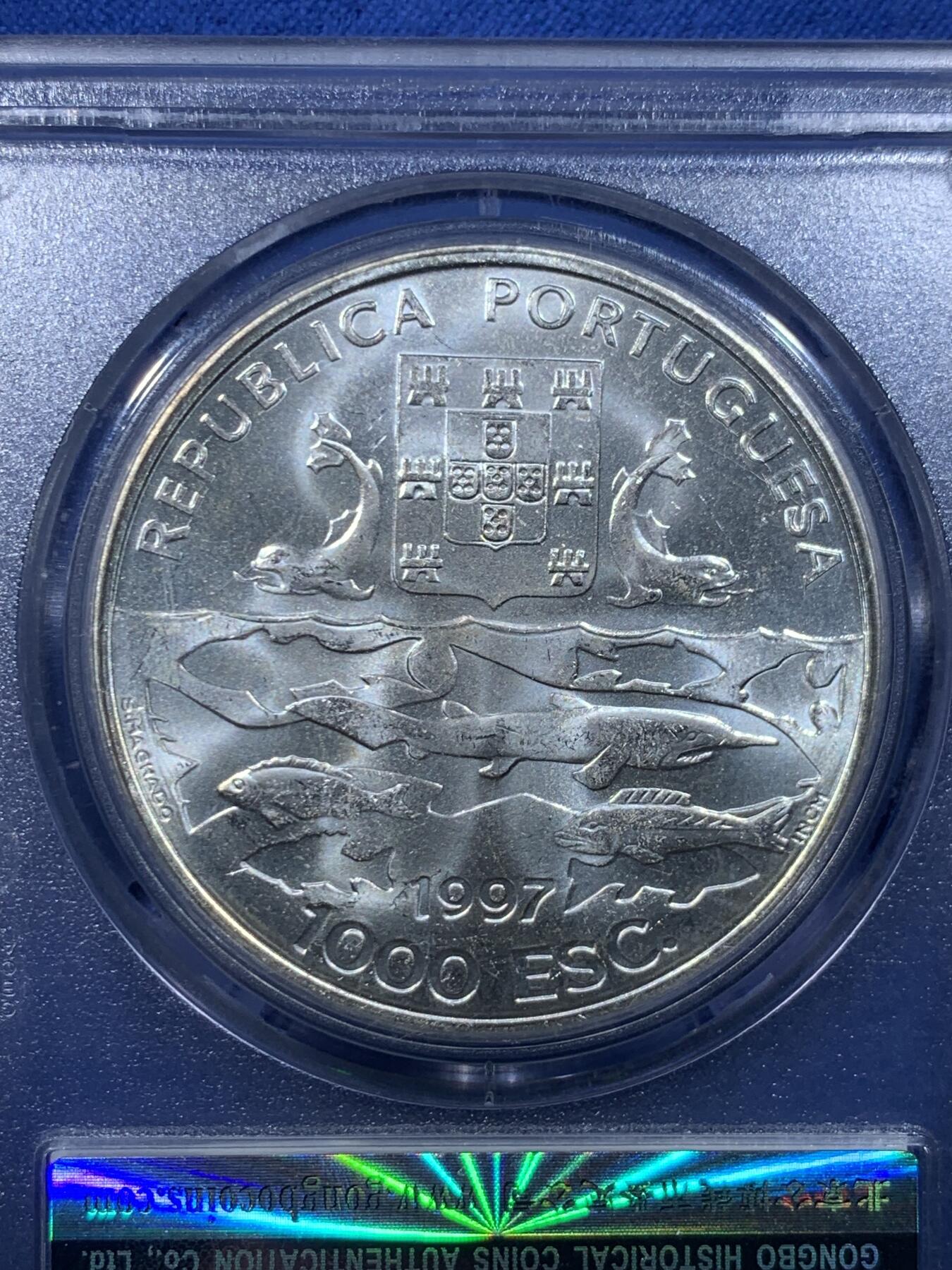 《竞宝斋》第478场 周日，周一 2场连拍 （全场包邮）欢迎送拍 公博 MS67 葡萄牙1997年远洋探险100周年1000ESC银币