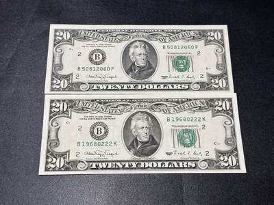 《外钞收藏家》第六百二十四期（精品场）（长期征集拍品、欢迎藏友们联系合作） - 1990年美国小头版20美元 2张一起 都是无47靓号 还有一个222豹子号 尾2060的有轻微潮