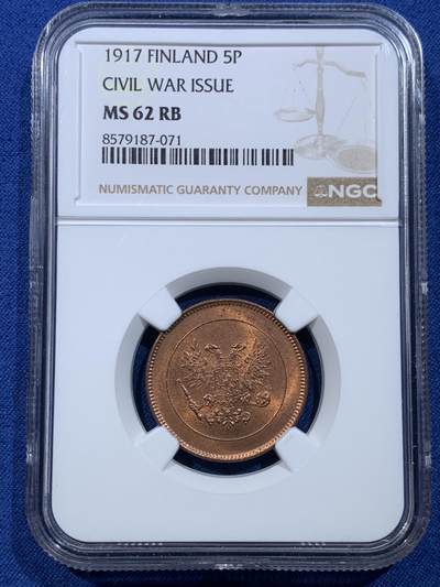 《竞宝斋》第478场 周日，周一 2场连拍 （全场包邮）欢迎送拍 - NGC MS62RB 芬兰1917内战版5盆尼铜币，略有低评，光度状态好