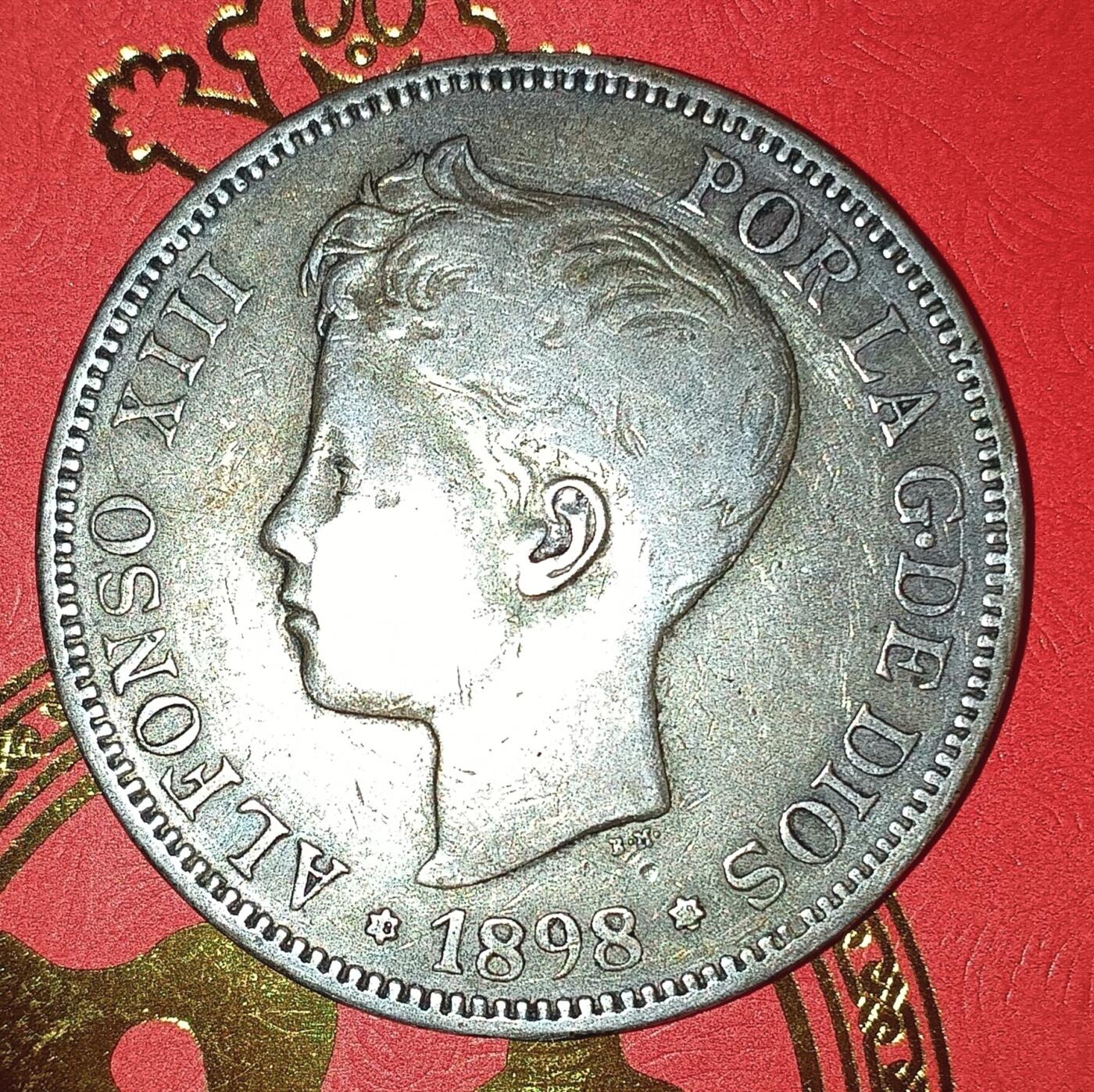 Lot.3-1898年西班牙阿方索十三世5比塞塔双柱银币24.78克