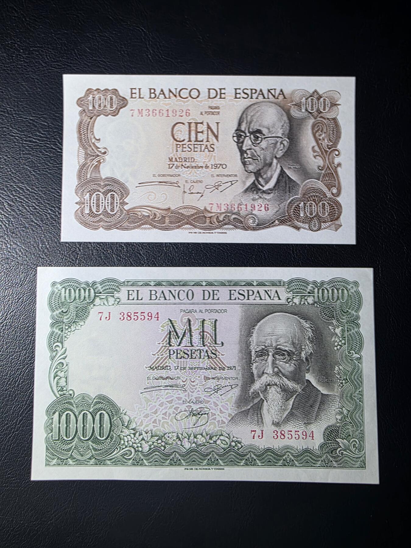 叁拾收藏第35期 西班牙1971年1000+1970年100比塞塔一对（精美大方块系列纸币）  UNC