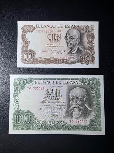 叁拾收藏第35期 - 西班牙1971年1000+1970年100比塞塔一对（精美大方块系列纸币）  UNC