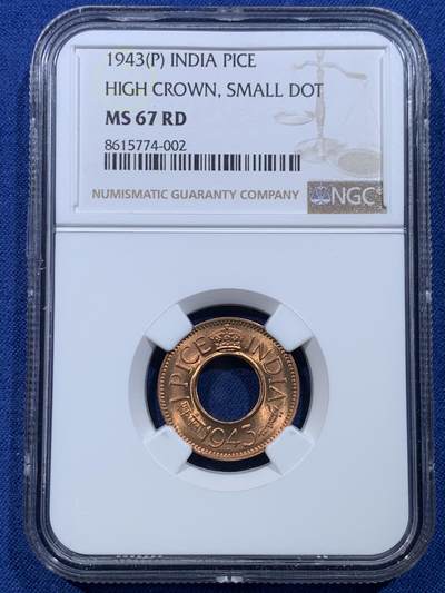 《竞宝斋》第478场 周日，周一 2场连拍 （全场包邮）欢迎送拍 - NGC MS67RD 英属印度 1943年 1PICE 中孔铜币 冠军分