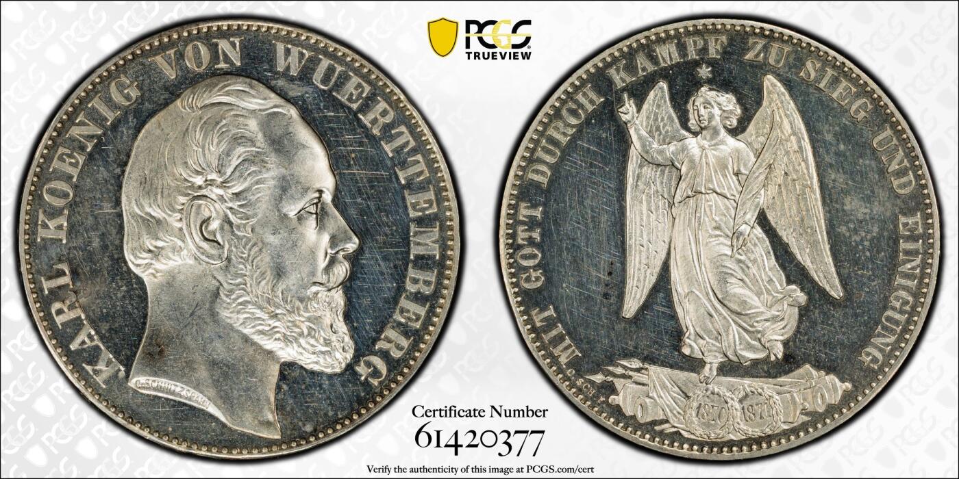 万国钱币拍卖第064期 PCGS PR62 1871年德国符腾堡普法战争精制胜利泰勒 在普制易得而精制难求的胜利系列中 精制符腾堡又是其中难度较大的品种 深度镜面底板与银霜感极强的浮雕形成强烈对比 顶级收藏品质