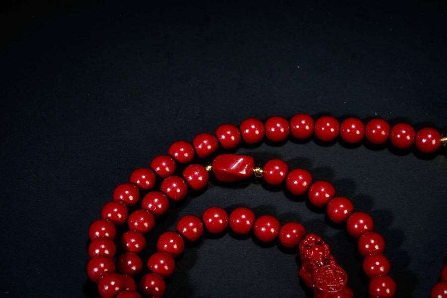 上海都达杂项专场六十八【全场包邮】 天然朱砂0.6圆珠多圈莲花吊坠手串95-258