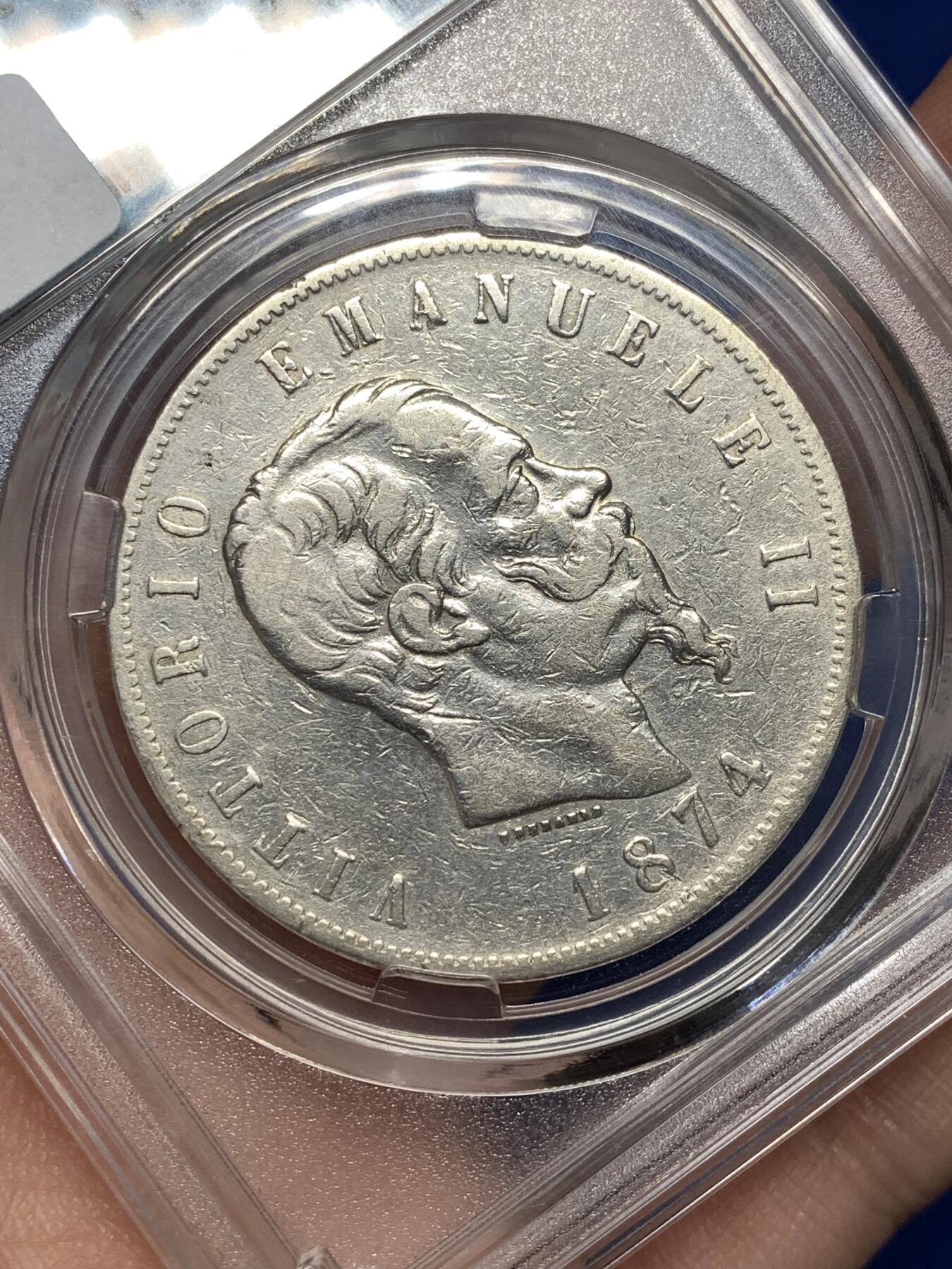 《竞宝斋》第478场 周日，周一 2场连拍 （全场包邮）欢迎送拍 意大利银币 1874年 5里拉