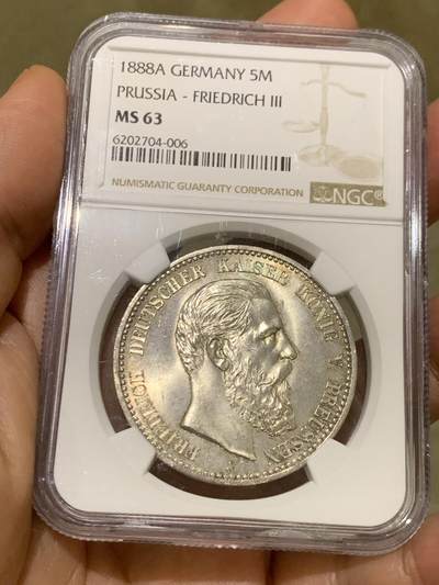 《竞宝斋》第478场 周日，周一 2场连拍 （全场包邮）欢迎送拍 - NGC MS63 德国1888年三皇5马克银币