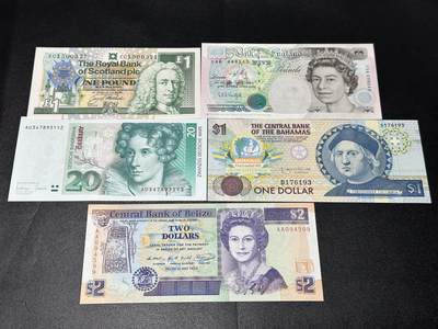 《外钞收藏家》第六百二十四期（精品场）（长期征集拍品、欢迎藏友们联系合作） - 苏格兰、英国、德国、巴哈马、伯利兹 五张一起 英国E序列5镑AU品相 其他全新