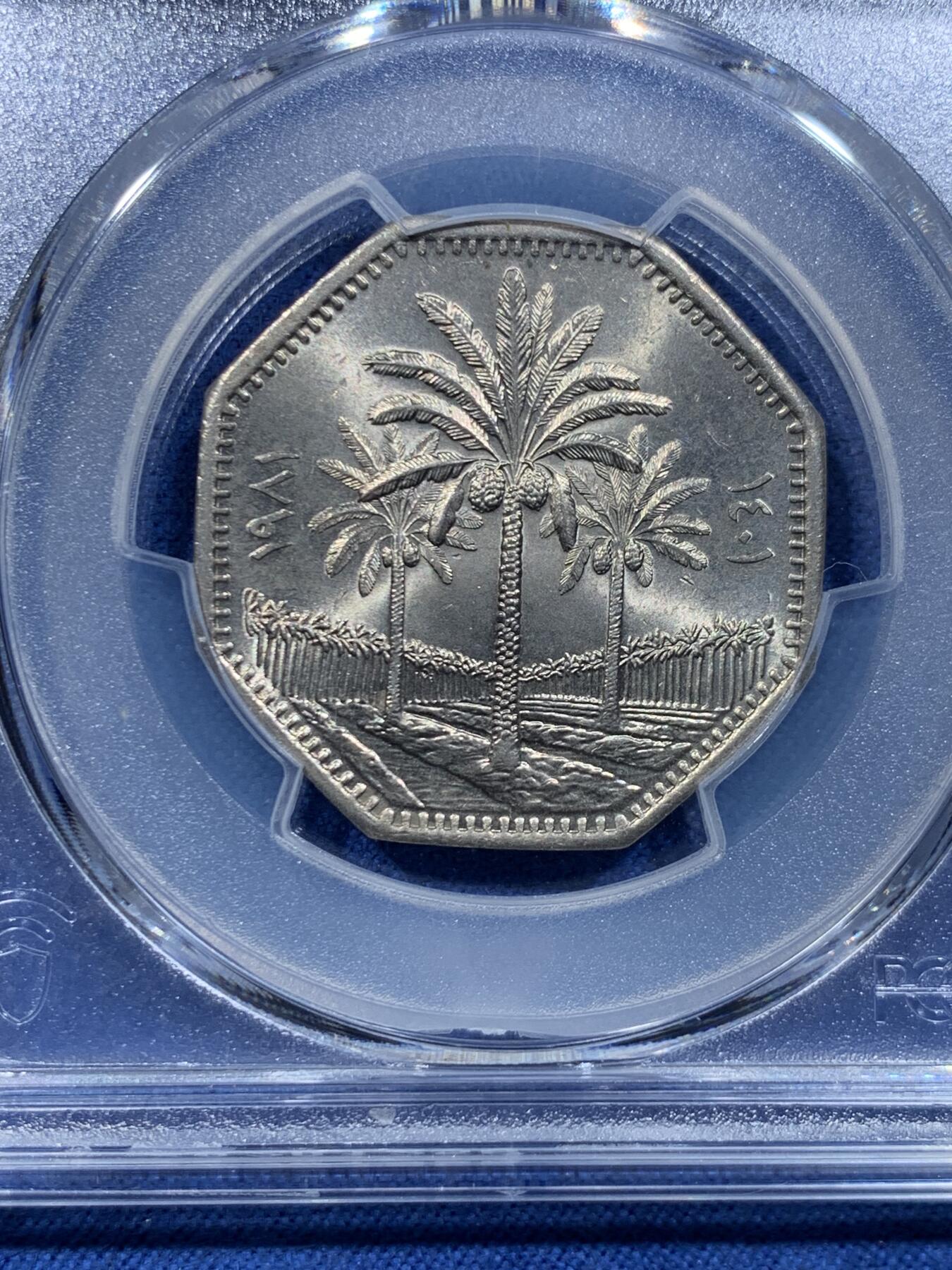 《竞宝斋》第478场 周日，周一 2场连拍 （全场包邮）欢迎送拍 PCGS MS65 伊拉克1981年椰树250费尔多边形镍币 车轮光状态 冠军分！