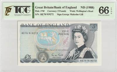 PThappally收藏第56次拍卖，英联邦地区硬币纸币 - 英格兰银行 1988年 5英镑 Pick 378f TQG 66 EPQD Gem UNC