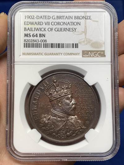 《竞宝斋》第478场 周日，周一 2场连拍 （全场包邮）欢迎送拍 - NGC MS64BN 英国1902年爱德华七世加冕铜章，厚重铜光，高分稀少品。